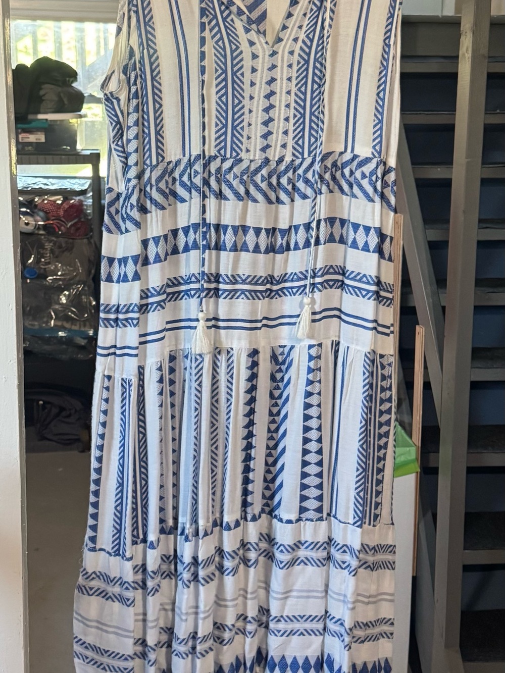 Goa Beachwear Blue and White Sleeveless Tassel Maxi Dress (Beach Coverup)